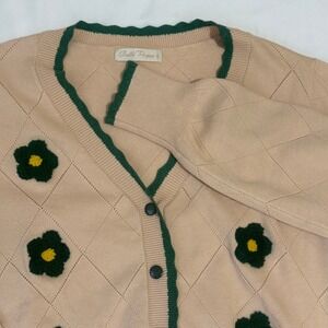 Belle Poque Pink Argyle Flower Cardigan Women's Green Trim Button Front